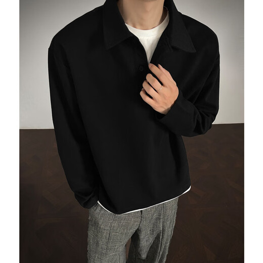 NYING fake two-piece right shoulder polo shirt for men 25 autumn new fashion brand casual long-sleeved T-shirt loose and versatile inner base black XL (120-140Jin Jin equals 0.5 kg)