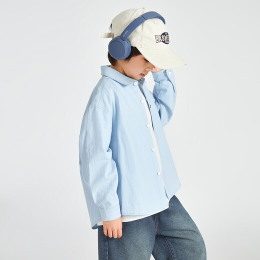 Duojia Boys' Shirts 2025 Spring and Autumn Versatile Casual Children's Breathable Cotton Long-Sleeved Medium and Large Children's Simple Korean Style Shirt Blue 120