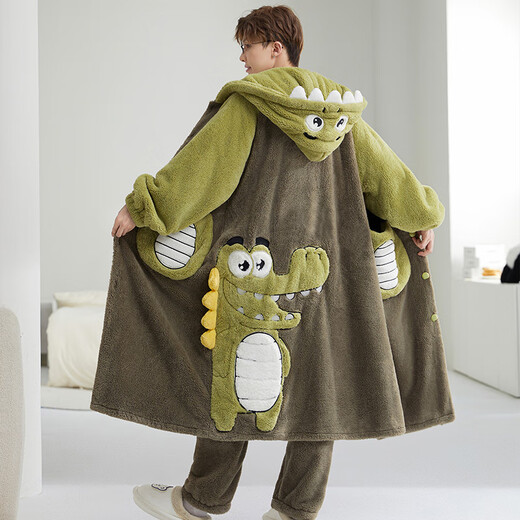 Yu Zhaolin Men's Pajamas Autumn and Winter Coral Velvet Plus Velvet Thickened Winter Youth Pajamas Men's Flannel Bathrobe Home Clothing