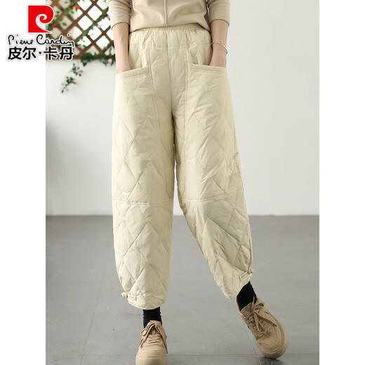 Pierre Cardin 2026 new solid color diamond white duck down buckle casual cotton pants for women thickened warm down pants for women's winter outer wear coffee color L recommended 140Jin Jin equal to within 0.5 kg