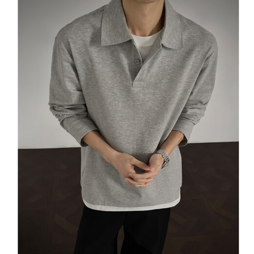 NYING fake two-piece right shoulder polo shirt for men 25 autumn new fashion brand casual long-sleeved T-shirt loose and versatile inner base black XL (120-140Jin Jin equals 0.5 kg)