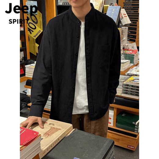 JEEP SPIRIT light mature style casual stand collar black shirt men's autumn new Chinese cotton and linen cardigan Henry collar shirt jacket black upgraded version M