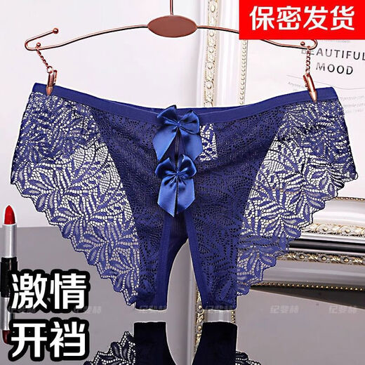 Crotchless underwear for women, high-end trendy lace, sexy husband bow, new underwear, transparent thong, white blue M