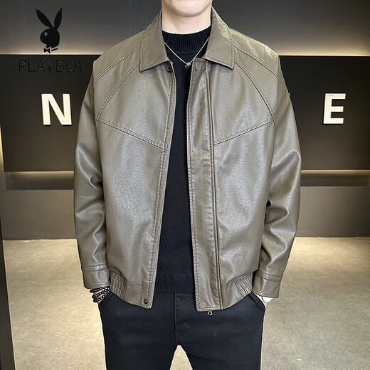 Playboy (PLAYBOY) classic handsome high-end short leather jacket for men 2025 new business wear lapel zipper autumn and winter long sleeve brown 4XL (recommended 190-210Jin Jin equals 0.5 kg g
