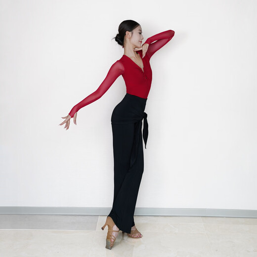 CONNY autumn and winter new high-end Latin dance clothing daily training uniform set special tops and pants for women adults cinnabar red long-sleeved one-piece top 3XL