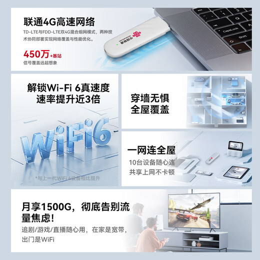 China Unicom China Unicom móvil portátil wifi6 tarjeta de red inalámbrica enchufable montado en camión enrutador 4G portátil tráfico red de banda ancha oficial auténtico 2025 nacional universal 1500G de alta velocidad 4G Unicom White Moonlight modelo USB