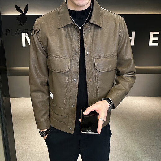 Playboy Motorcycle Leather Men's Jacket 2025 Spring and Autumn New Brown PU Leather Slim Short Retro Men's Clothes Jacket K6618 Coffee Color Regular M 90Jin Jin is equal to 0.5kg -110Jin Jin is equal to 0.5kg