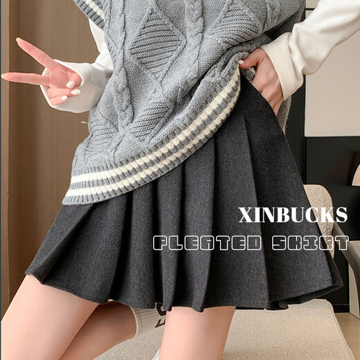 XINBUCKS High Quality Autumn and Winter Pocket Woolen Pleated Skirt Women's Short Skirt Versatile Student Thickened High Waist Slim Skirt Black (Autumn and Winter Woolen) M (Waist 70cm recommended 95-105Jin Jin equals 0.5kg)