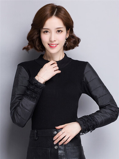 CARSEMKEITN Down Sleeves Cotton Sleeves Bottoming Shirt Women's Winter Sleeves Thickened Sweater with Fur Vest Knitted Slim-fitting T-shirt Black Turtle Collar Body Plus Integrated Velvet S Recommended 80-95Jin Jin is equal to 0.5kg