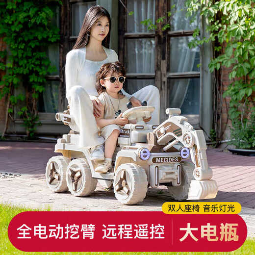 Guardian Laoren children's electric excavator remote control toy car large excavating engineering vehicle double seat adult six-wheel four-wheel drive supreme yellow + soft wheel + with remote control + 12V12A electric drive