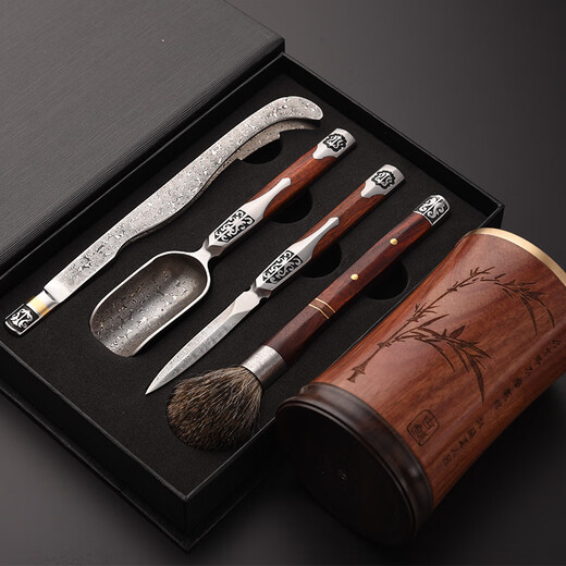 Jinge Damascus Pu'er Tea Knife Tea Ceremony Six Gentlemen Set Tea Spoon Spatula Tea Clip Kung Fu Tea Set Accessories Red Rosewood Fengxiang Damascus 5-piece Set