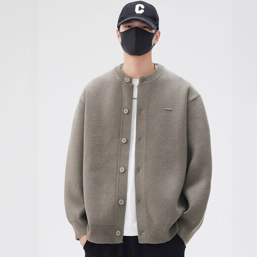 Kazuki Kuraishi's trendy solid color simple button cardigan sweater for men in autumn and winter Henley collar loose versatile sweater casual jacket light gray XL