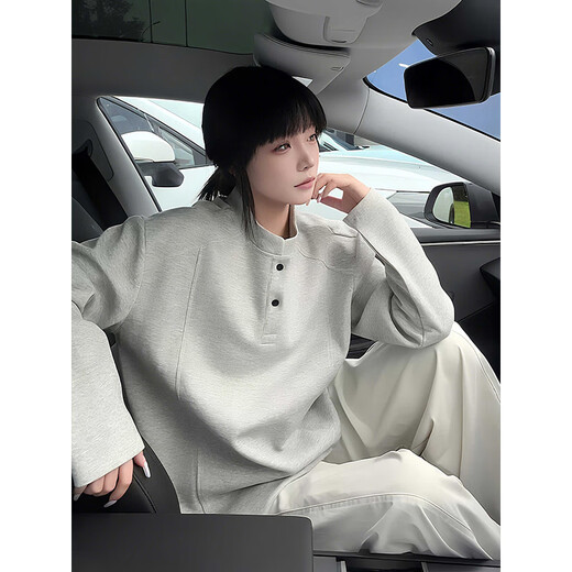 Cantu White Gray Henley Collar Shoulder Sweatshirt Men's Autumn and Winter American Velvet Long Sleeve T-Shirt Loose Bottoming Shirt White Gray Regular Style XL