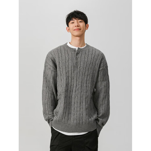 Xianshengyi Gray Thick Thread Henry Collar Sweater Men's Autumn and Winter New Lazy Twist Knitted Sweater American Men's Bottoming Gray M