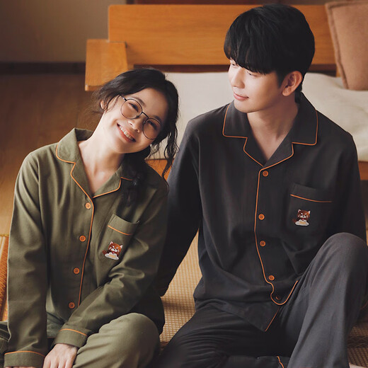 First look for cartoon cute couple pajamas pure cotton brushed velvet long-sleeved casual wearable home clothes set for men and women, olive green, women's XL