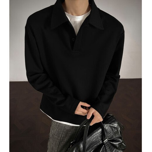 NYING fake two-piece right shoulder polo shirt for men 25 autumn new fashion brand casual long-sleeved T-shirt loose and versatile inner base black XL (120-140Jin Jin equals 0.5 kg)