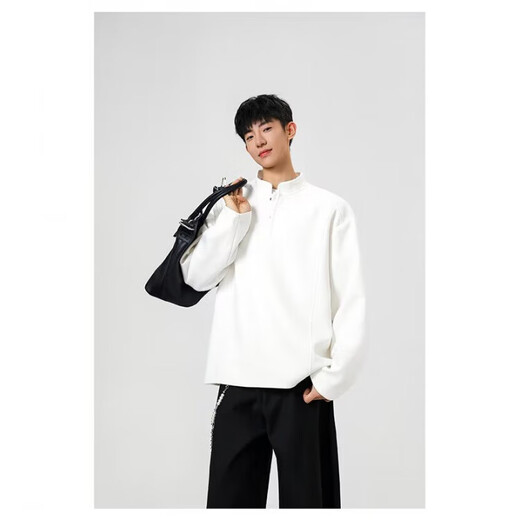 Chinese cotton splicing Hong Kong style color matching long-sleeved Polo shirt men's American retro loose sweatshirt high quality Henry collar black L