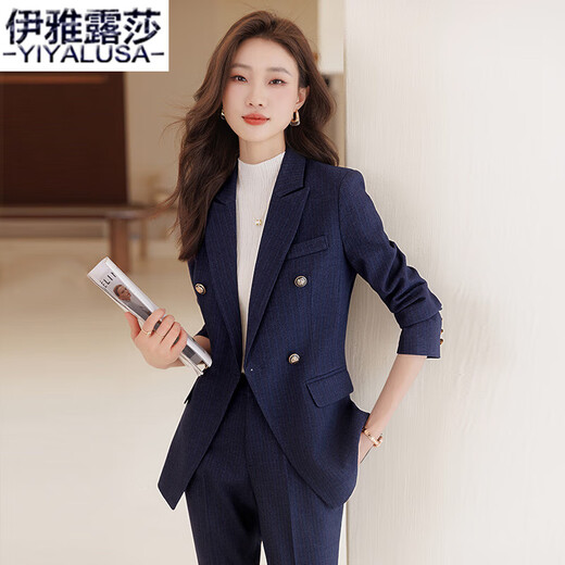 Iyalusa Striped Small Suit Women's Business Suit Spring and Autumn No-iron High-end Commuting Suit Business Formal Work Clothes 895-1 Single-piece Blue Striped Suit XL (110-120Jin Jin equals 0.5 kg)