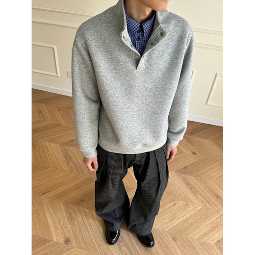 XUANSENTU light gray American plaid fake two-piece sweatshirt men's autumn Henley collar polo shirt cleanfit jacket trendy black fabric upgrade XL