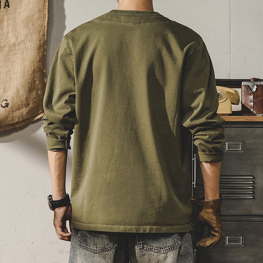 Jeanswest American heavy combed cotton t-shirt men's autumn and winter new solid color loose Henry collar trendy brand long-sleeved T-shirt military green 2XL suitable for 160-180Jin Jin equals 0.5 kg