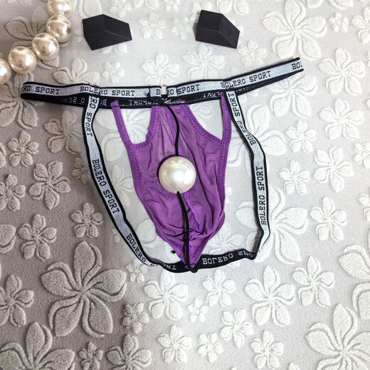 Men's underwear with 4 cm large beads hanging in the back, personalized play style, sexy thong, transparent butt-exposing macho underwear, transvestite, black