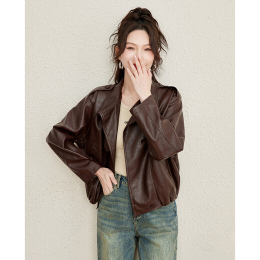 TERRE BLEUE motorcycle style women's leather jacket 25 autumn age-reducing temperament stand-up collar foreign style versatile casual leather short jacket
