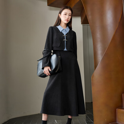 Sancai Ruochao plus size women's clothing 2025 winter new fake two-piece dress shirt collar long sleeves high waist fat MM classic black 2XL 175/100B