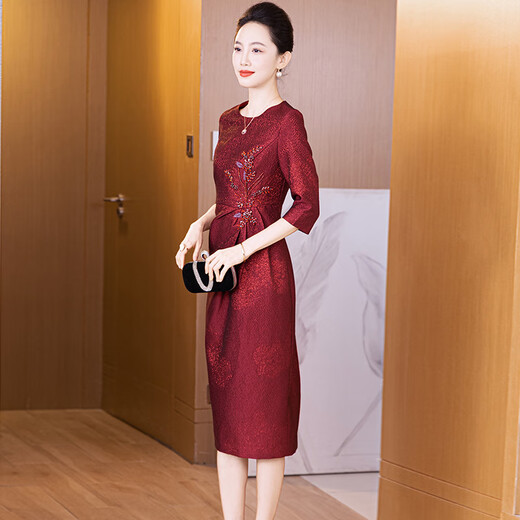 Drop off station dress high-end light luxury niche evening dress 2025 autumn new mother wedding dress hip-covering skirt elegant temperament burgundy M