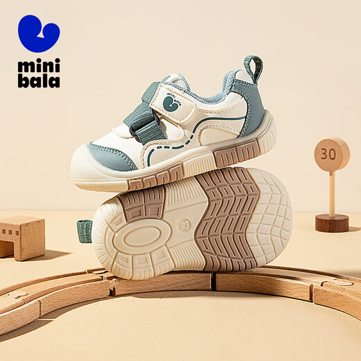 Minibala children's shoes, children's toddler shoes, autumn new baby lightweight and comfortable casual soft-soled non-slip functional shoes for boys and girls, white and green, size 21, suitable for feet length 13.0-13.5cm