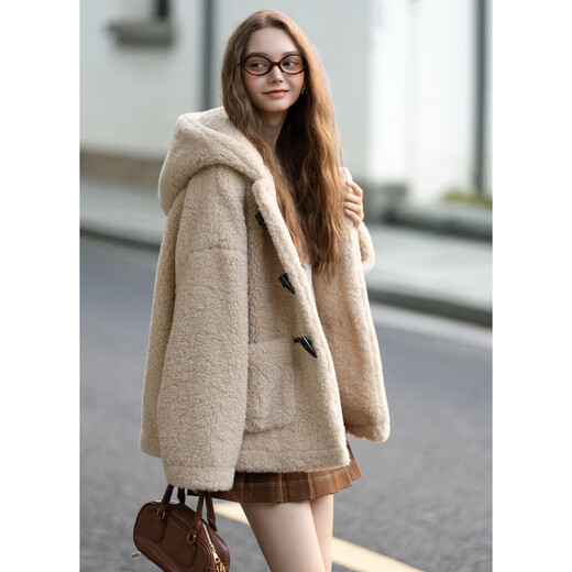 TonLion 2025 Winter Women's Hooded Horn Button One-Hand-Length Imitation Lamb Wool Jacket