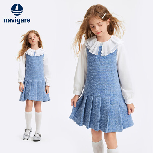 Navikel girls dress new children's skirt sundress pleated classic light luxury fashion comfortable island party blue tweed 140