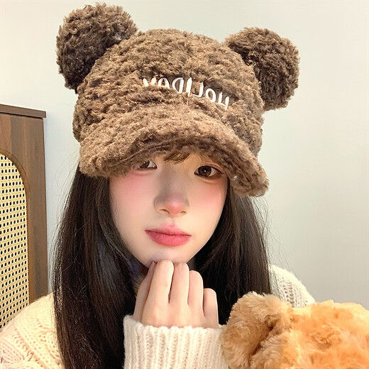 Check the front and back of Bear Ear Lambs Velvet Baseball Cap for Women in Autumn and Winter, Wide Brim, Big Face, Small Warm Duck Hat, Bear Duck Hat - Coffee, Front and Back Wearable