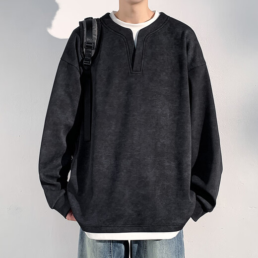 SWAMP AREA sweatshirt men's spring and autumn fake two-piece long-sleeved top American Henry collar bottoming shirt SAR012 black L