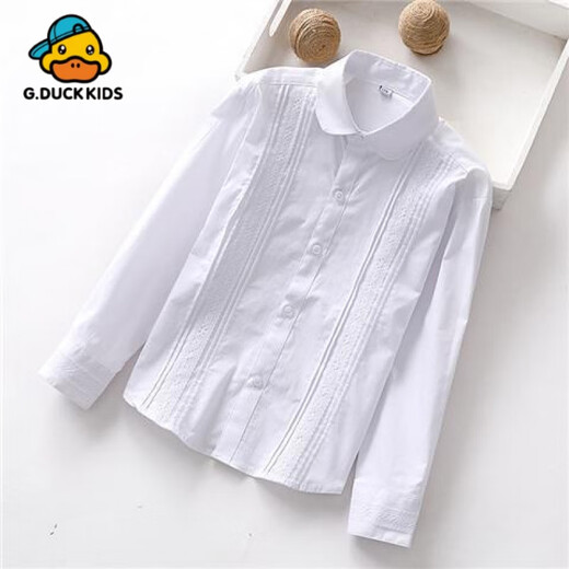 G.duck Little Yellow Duck Girls Polyester Cotton White Shirt Spring and Autumn Long Sleeve Primary School Uniform Middle and Large Children White Shirt Campus Model Lace White Long Sleeve 90 cn