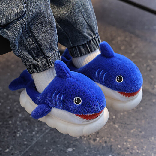 Winter children's cotton slippers, boy's shark bag heel, warm and furry, cute girl's home baby anti-slip cotton slippers, sky blue (heel included) 12, size 28/29 (shoe inner length 17CM, suitable for feet 16