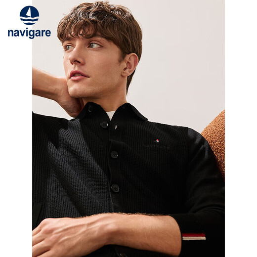 Navigare Italian dinghy all-wool lapel sweater men's knitted cardigan jacket 1344094502 black L/50