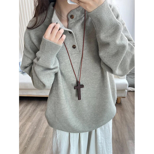 XUANSENTU gray American retro Henry collar sweater men's autumn and winter lazy style sweater couple base polo trend floral gray upgraded model M