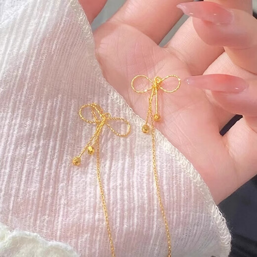 NSYCA Old Phoenix 999 gold-plated fugitive princess golden ear wire atmospheric earrings bow tassel earrings for women W-fugitive princess golden ear wire Lao Fengxiang same style