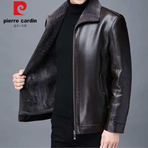 Pierre Cardin high-end winter velvet thickened Haining leather jacket for men, lamb velvet, middle-aged dad, fur all-in-one leather jacket, black L, suitable for 90-115