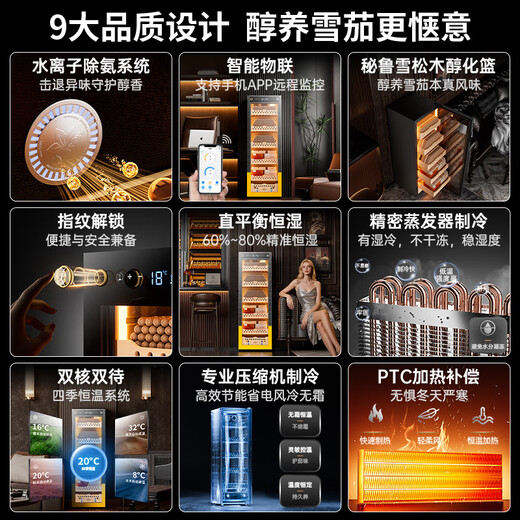 CIGARLOONG 138C Intelligent Constant Temperature and Humidity Cigar Cabinet Cedar Wood Alcoholic Cultivation Water Ion Ammonia Removal WiFi Control Compressor Fingerprint Lock Office Home Cigar Cabinet Constant Temperature Control Humidity Cultivation Cigar Cabinet Classic Cigar Basket Cuban Style Fingerprint Lock + Purified Ammonia + Cedar Wood Shelf