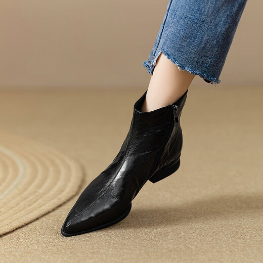 Belle Retro Sheepskin Short Boots Women's Thick Heel Pointed Toe Ankle Boots Chelsea Boots Martin Boots Spring and Autumn Single Boots Winter Plus Velvet Black Single Liner 39