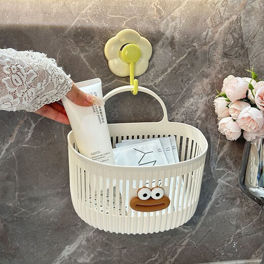 Cute wall-mounted storage basket multifunctional kitchen bathroom small hanging basket no punching wall hanging jewelry box small pink + white large mouth wall hanging storage box