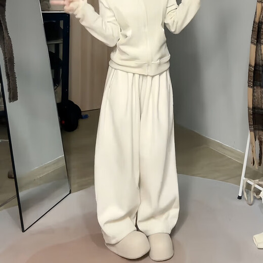 Ershanji lamb velvet glutinous rice pants for women in winter new style high waist straight slim plus velvet thickening loose casual lazy wide leg pants M suitable for 159-165cm height recommended weight 96-115Jin Jin is equal to 0.5 kg