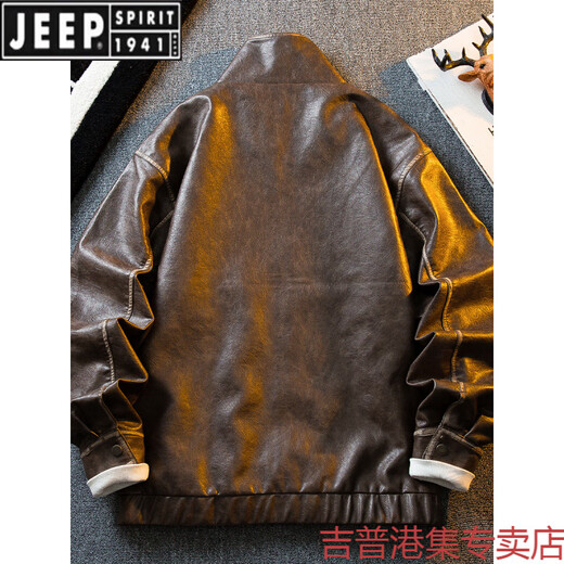 JEEP SPIRIT light luxury American retro aged oil wax motorcycle leather jacket men's autumn Ami khaki tough guy leather hunting jacket black 2XL (171-190Jin Jin equals 0.5 kg)