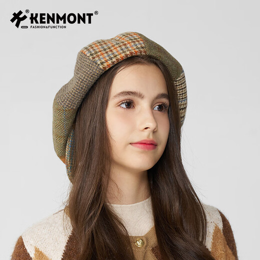 Kenmont wool splicing reverse-wearing plaid beret for women plus velvet to keep warm octagonal forward hat with duck tongue and small face, khaki green M suitable for head circumference (55.5-58c)