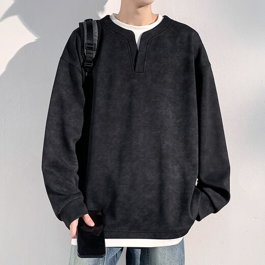 SWAMP AREA sweatshirt men's spring and autumn fake two-piece long-sleeved top American Henry collar bottoming shirt SAR012 black L