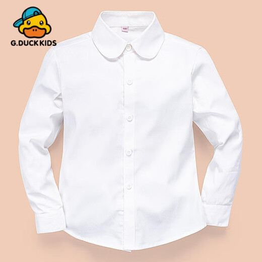 G.duck little yellow duck children's shirt white long-sleeved pure cotton edge round neck spring and autumn versatile middle-aged and primary school uniforms for girls round neck girls white long sleeves 100 cm