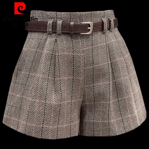 Pierre Cardin (Pierre Cardin) new autumn and winter high-waisted shorts women's woolen fashion belt versatile outer wear slim boots pants fashion plaid khaki 2XL 125Jin Jin equals 0.5 kg -135Jin Jin equals 0.5 kg