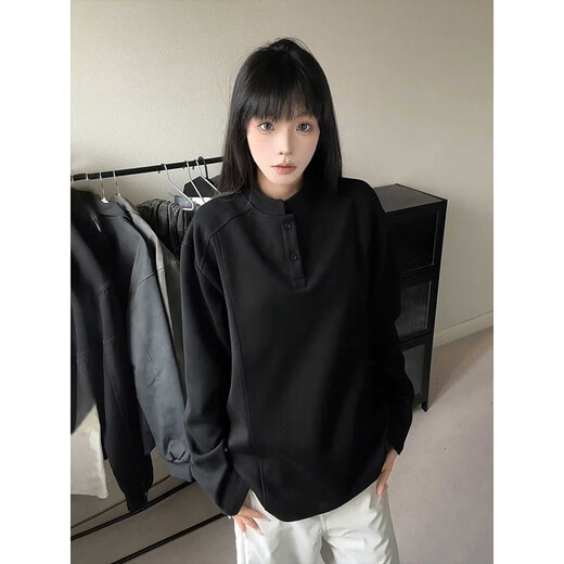 Cantu White Gray Henley Collar Shoulder Sweatshirt Men's Autumn and Winter American Velvet Long Sleeve T-Shirt Loose Bottoming Shirt White Gray Regular Style XL