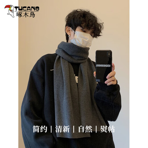 Woodpecker (TUCANO) scarf men's solid color simple winter thickened warm scarf versatile simple style gift box for boyfriend couple scarf gray gift bag